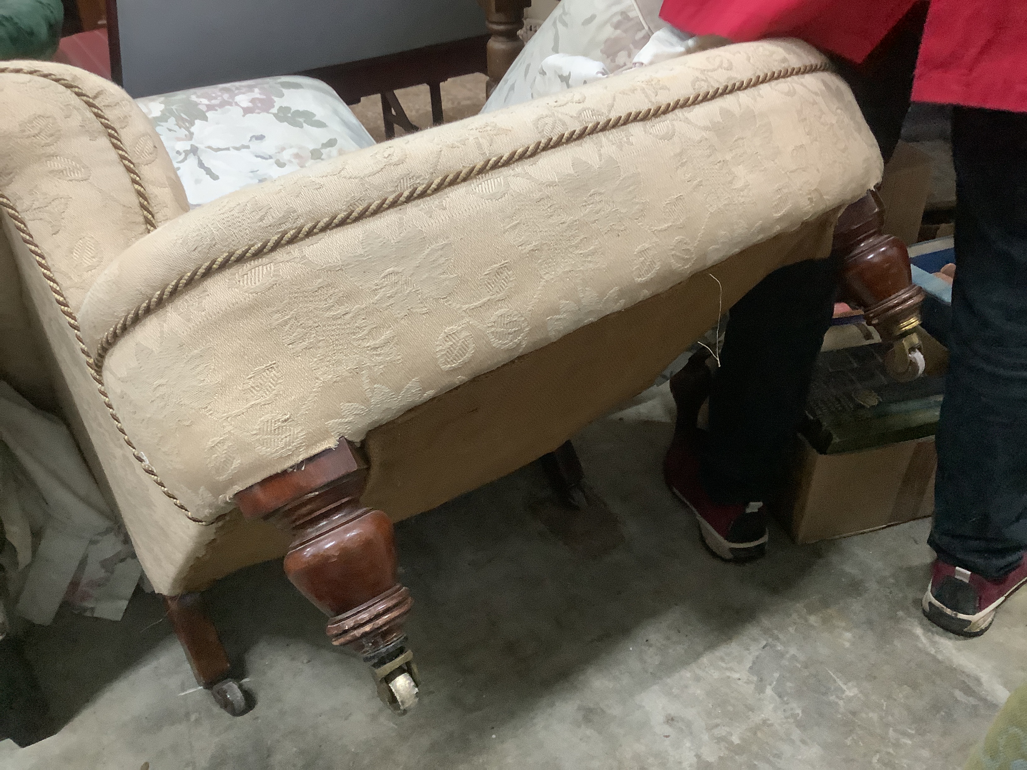 A late Victorian upholstered armchair, width 82cm, depth 80cm, height 88cm